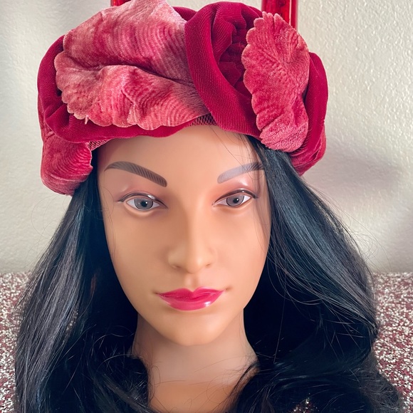Vintage Velvet Leaves Hat Pink & Red Hat 60s Hat Union Made - Picture 2 of 6